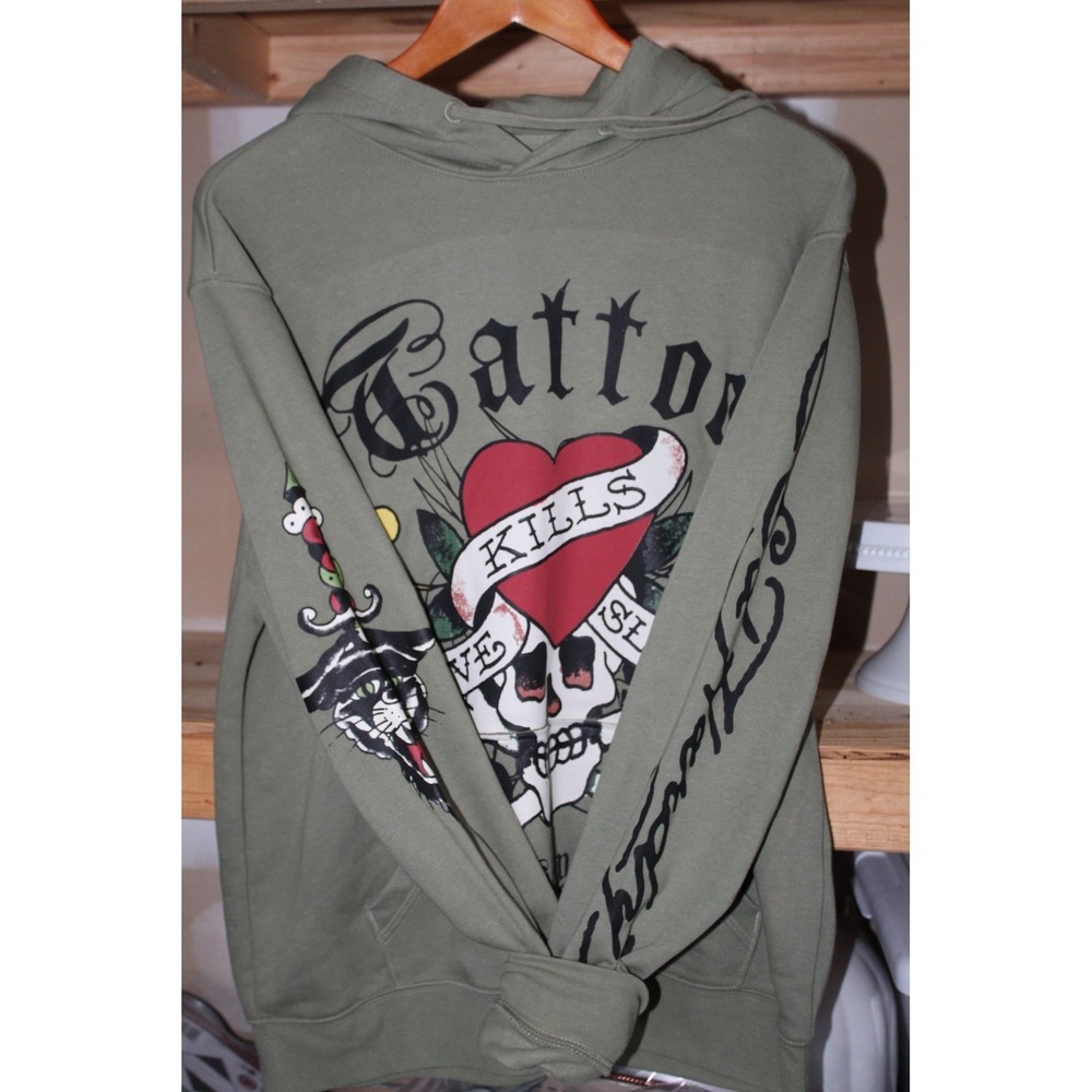 Ed Hardy Love Kills Slowly Tattoo Graphic Hoodie Olive Green DEH Skull Mens L